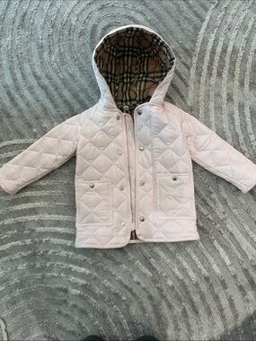 Girls' Light Pink Quilted Hooded Jacket with Plaid Lining